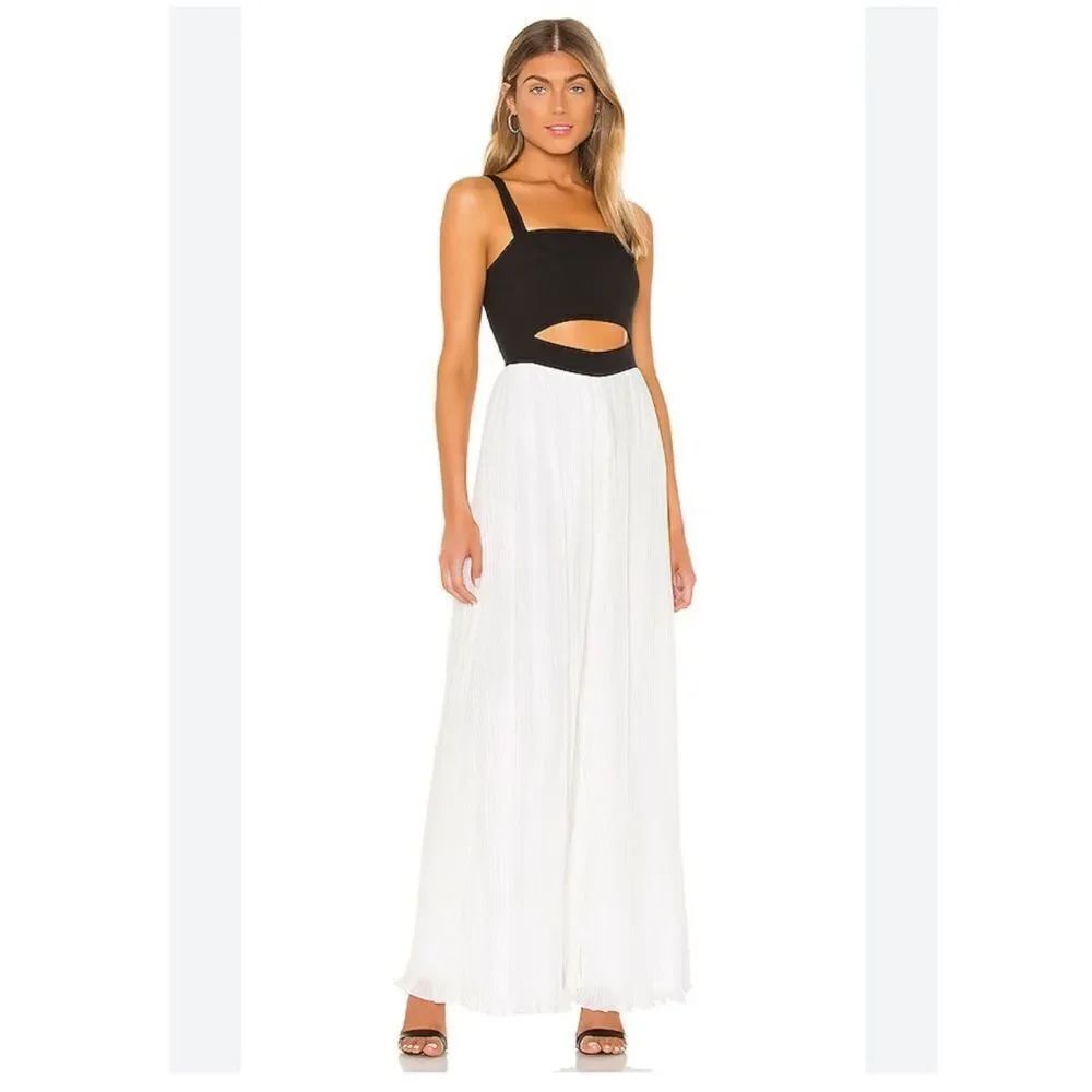 Lovers + Friends Bowie Jumpsuit Pleated Wide Leg Black White Colorblock NEW XS